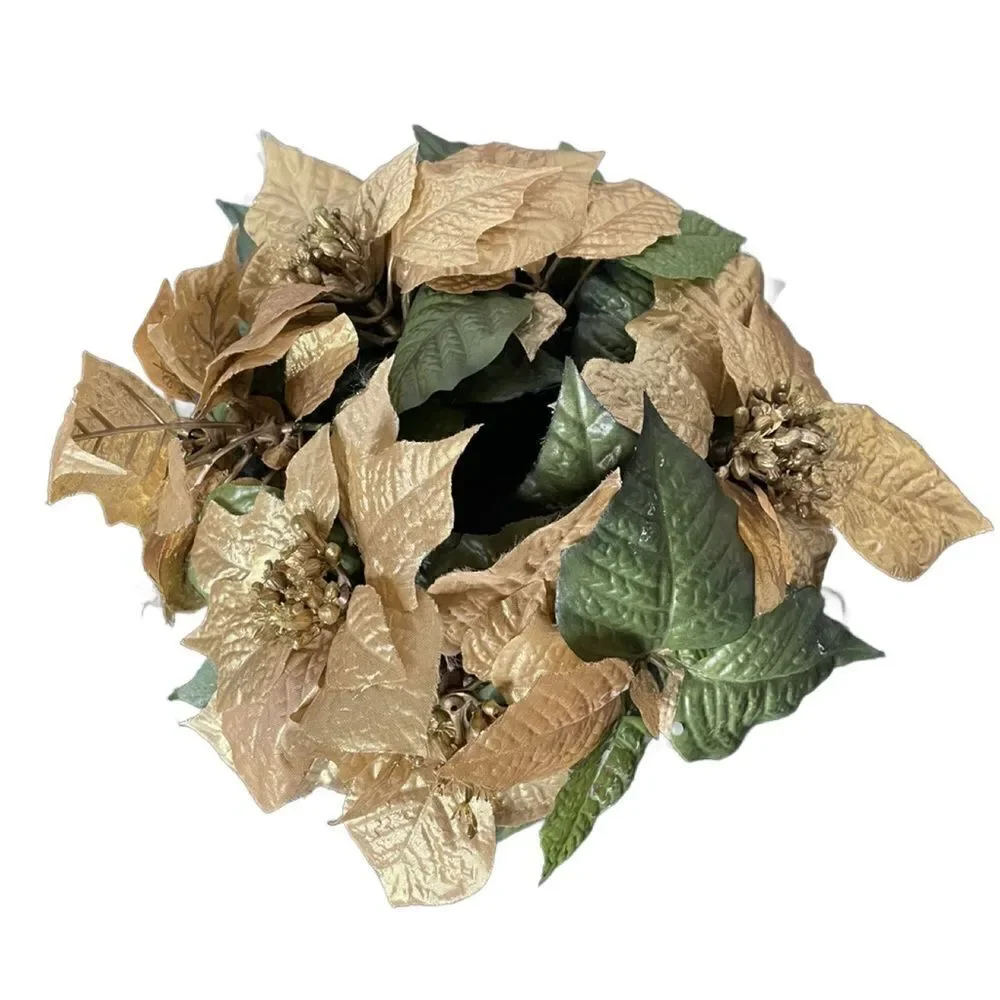 Gold Poinsettia & Green Leaf Circular Holiday Candle Holder w/Large Candle